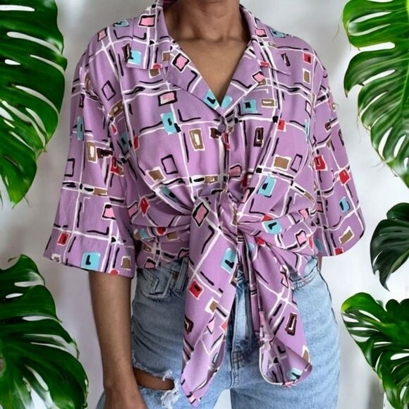 Vintage 80s Square Biz Purple Blouse - Picture 1 of 8
